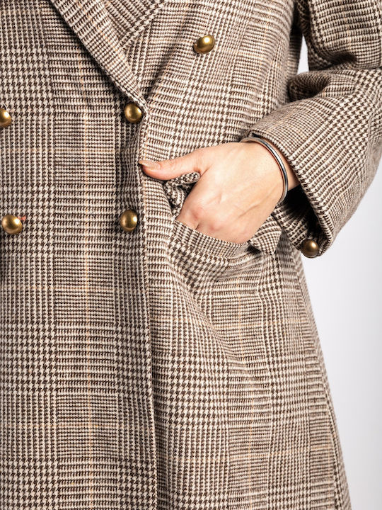 Damen Geprüft Brown Mantel mit Knöpfen