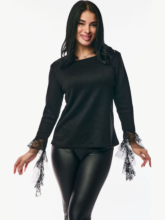 Damen Bluse mit Spitze & Transparenz Black