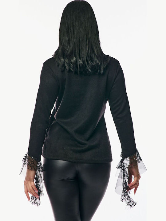 Damen Bluse mit Spitze & Transparenz Black