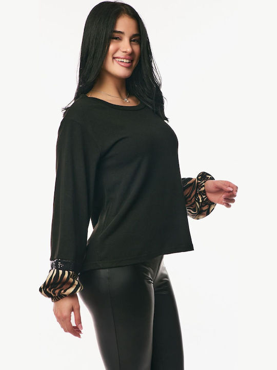 Women's Blouse with Sheerness Animal Print Black