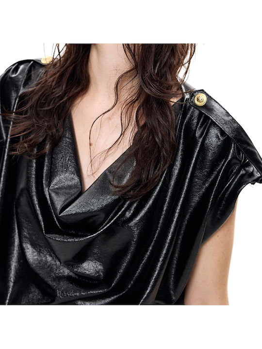 Women's Blouse Leather Sleeveless Drape Black