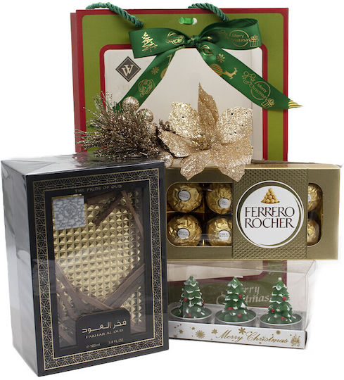 Pachet Cadou De Crăciun Merry Christmas Ard Al Zaafaran Fakhar Al Oud Parfum Arabic 100 Ml 100g Set Praline Ferrero Rocher Trei Lumânări Decorațiune Ramură De Pin