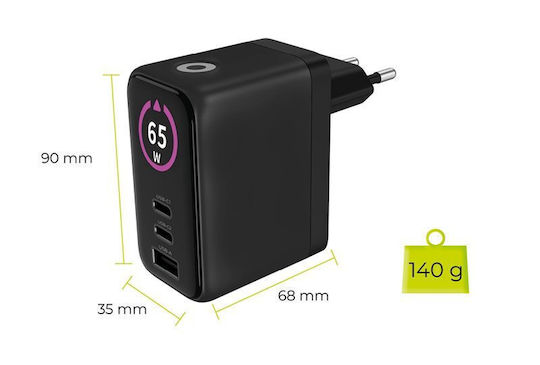 Mobile Origin Φορτιστής Χωρίς Καλώδιο GaN με Θύρα USB-A και 2 Θύρες USB-C 65W Power Delivery Μαύρος