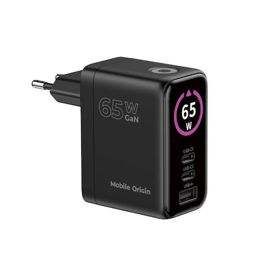 Mobile Origin Φορτιστής Χωρίς Καλώδιο GaN με Θύρα USB-A και 2 Θύρες USB-C 65W Power Delivery Μαύρος