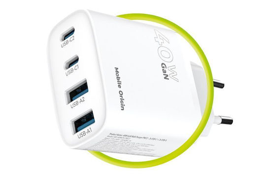Mobile Origin Charger Without Cable GaN with 2 USB-A Ports and 2 USB-C Ports 40W Power Delivery Whites (MO-40WCH-PW22)