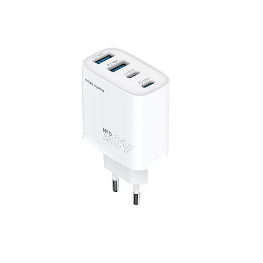 Mobile Origin Charger Without Cable GaN with 2 USB-A Ports and 2 USB-C Ports 40W Power Delivery Whites (MO-40WCH-PW22)