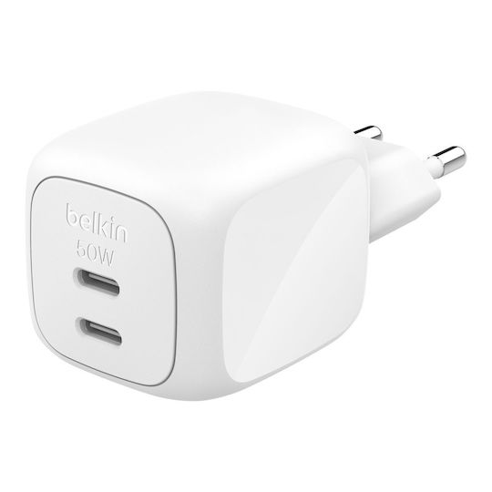 Belkin Mobile Phone Charger Without Cable with 2 USB-C Output Ports and USB-C Cable 50W Power Delivery White