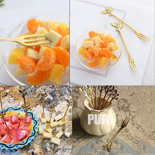 Set 6 Golden Leaf Dessert Gabeln Früchte Stahl Blattförmiger Griff 13 Cm