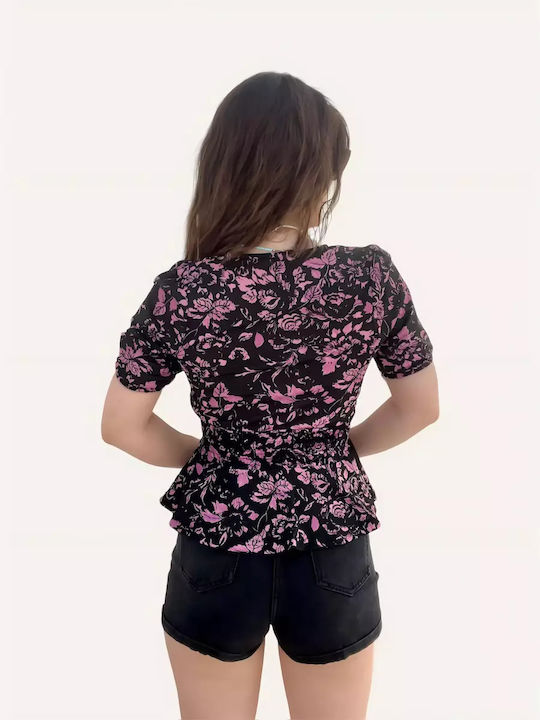 Women's Blouse Short Sleeve with V Neckline Floral Black, Purple