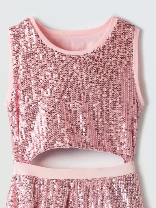 Girls Sleeveless Dress with Sequins Set with Top and Accessories Pink
