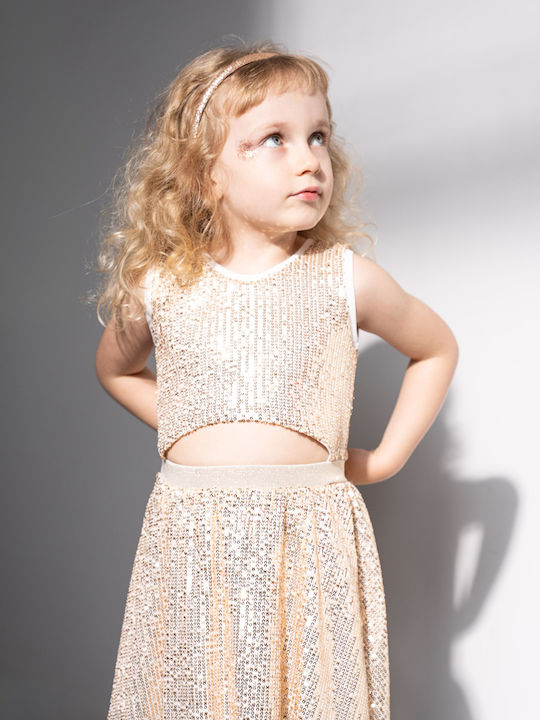Girls Sleeveless Dress with Sequins Set with Top and Accessories Pink