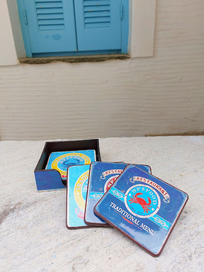 Σουβέρ Ξύλινο με Βάση Μπλε 11x11cm 6τμχ