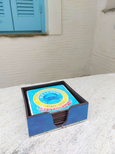 Wooden Blue Coasters with Stand 11x11cm 4pcs