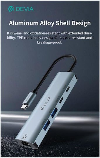 Devia Ec701 Хъб 4 порта с връзка USB-C / Ethernet Сив