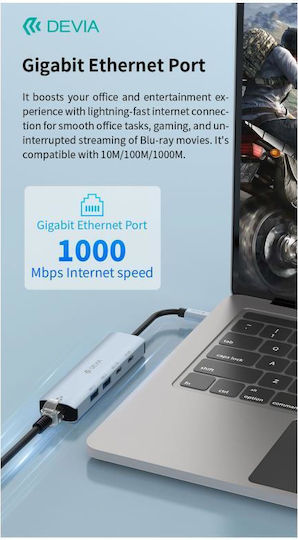 Devia Ec701 Хъб 4 порта с връзка USB-C / Ethernet Сив