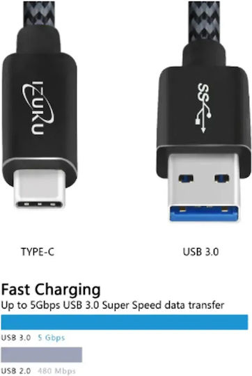 Data Fast Charging Кабел Izuku 219347700 1-134 Комплект 2 Бр USB Type-C към USB 3.0 Бързо Зареждане Нейлонов Плетен 1.2м