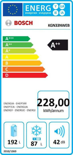 Bosch Combină frigorifică 282lt Total NoFrost Î176xL60xA66cm. Alb KGN33NWEB