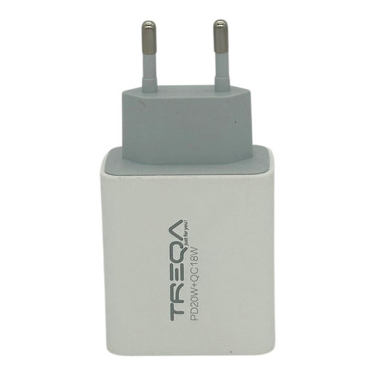 Treqa Ladegerät ohne Kabel mit USB-A Anschluss und USB-C Anschluss 20W Stromlieferung / Schnellaufladung 3.0 Weißs (CH-655)