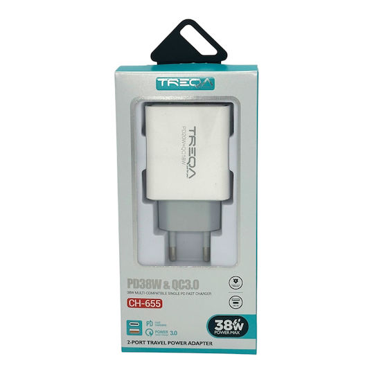Treqa Ladegerät ohne Kabel mit USB-A Anschluss und USB-C Anschluss 20W Stromlieferung / Schnellaufladung 3.0 Weißs (CH-655)