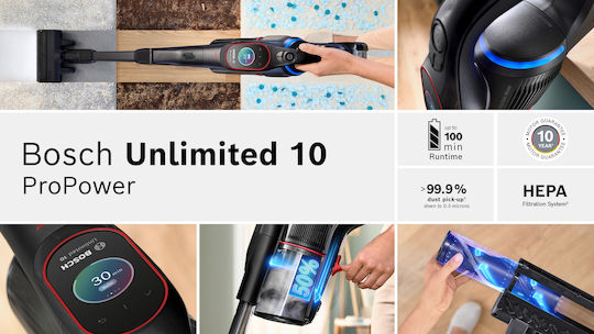 Bosch Unlimited 10 ProPower Επαναφορτιζόμενη Σκούπα 2 σε 1 Stick & Χειρός 18V Μαύρη