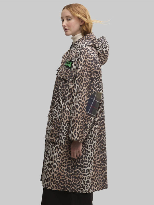 Ganni Women's Long Parka Jacket Waterproof for Winter with Hood Leopard Print