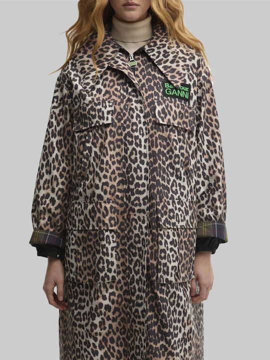 Ganni Women's Long Parka Jacket Waterproof for Winter with Hood Leopard Print