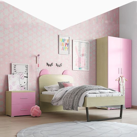 Kids Bedroom Set Crown Pink Oak 3pcs with Bed for Mattress 90x190cm