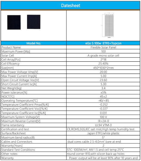 Topcon Flexible Monocrystalline Solar Panel 100W 1030x450x2mm