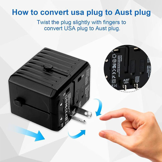 Универсално Пътно Зарядно Jup Beiaosu *11143-66 8865-18 4 Usb + 2 Usb Type C 150+ Държави Us Eu Uk Au Черен 7 X 5.5 См