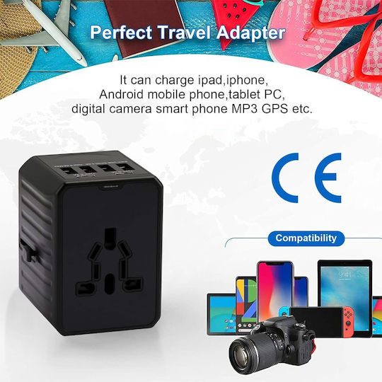 Универсално Пътно Зарядно Jup Beiaosu *11143-66 8865-18 4 Usb + 2 Usb Type C 150+ Държави Us Eu Uk Au Черен 7 X 5.5 См