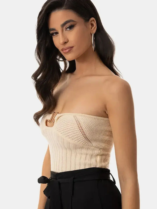 Πλεκτό Τοπ Strapless Μεταλλικό Διακοσμητικό Μπεζ Μέγεθος Μ