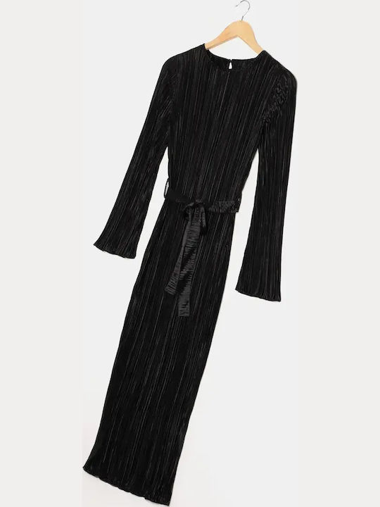 Rochie Plisată Midi Mânecă Lungă Cu Centură Neagră Mărimea L