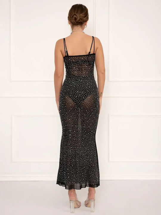 Φόρεμα Maxi See Through Τιράντες Strass Μαύρο Μέγεθος Xl