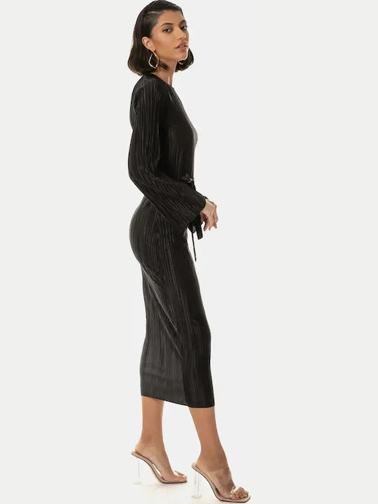 Rochie Plisată Midi Mânecă Lungă Cu Centură Neagră Mărimea L