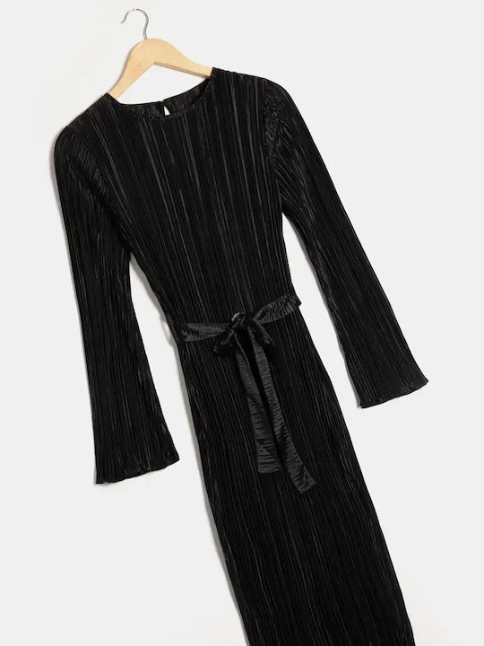 Rochie Plisată Midi Mânecă Lungă Cu Centură Neagră Mărimea L