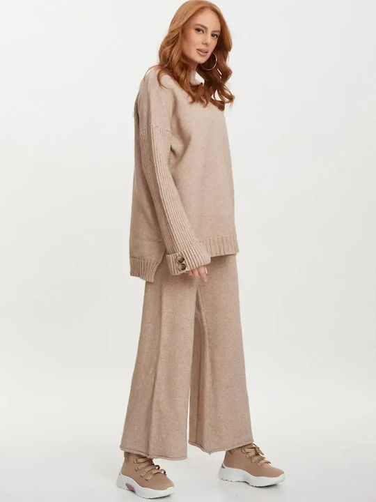 Knitted Set Trousers Blouse Turtleneck Coffee Size One Size
