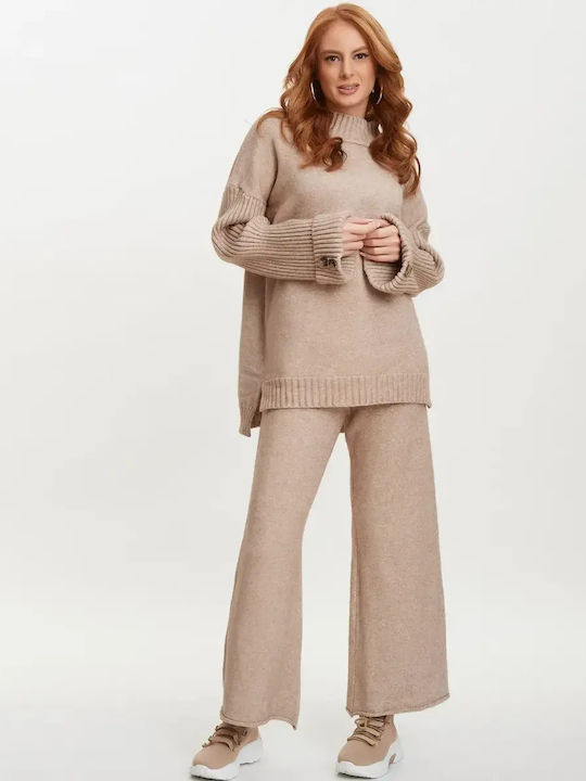 Knitted Set Trousers Blouse Turtleneck Coffee Size One Size