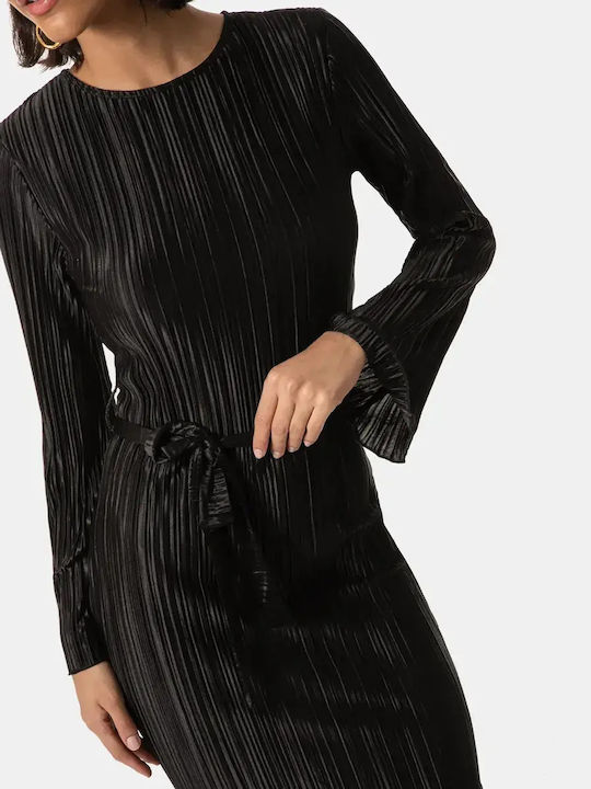 Rochie Plisată Midi Mânecă Lungă Cu Centură Neagră Mărimea L