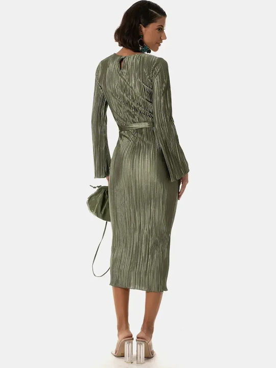 Rochie Plisată Midi Mânecă Lungă Cu Centură Kaki Mărimea S