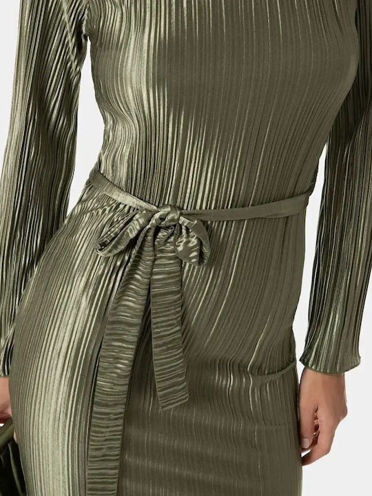 Rochie Plisată Midi Mânecă Lungă Cu Centură Kaki Mărimea S