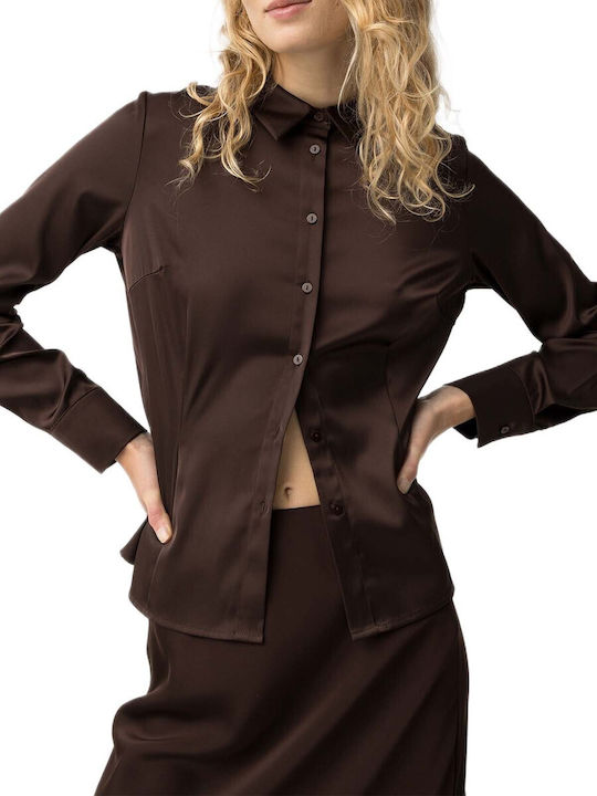 Langärmelig Damen Satin,σατεν Hemd Brown