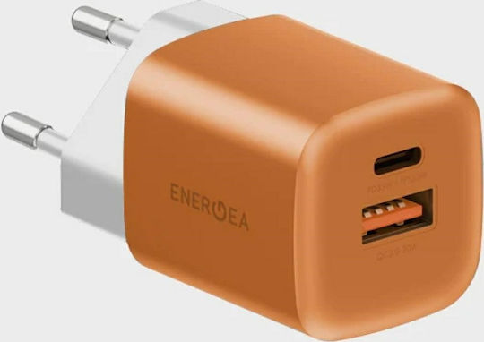 Energea Φορτιστής με Ενσωματωμένο Καλώδιο GaN με Θύρα USB-A και Θύρα USB-C 35W Power Delivery / Quick Charge 3.0 Πορτοκαλί (Ampcharge)