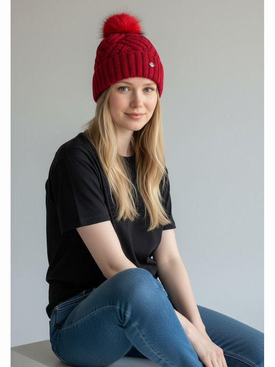 Pom Pom Beanie Γυναικείος Σκούφος Πλεκτός σε Κόκκινο χρώμα
