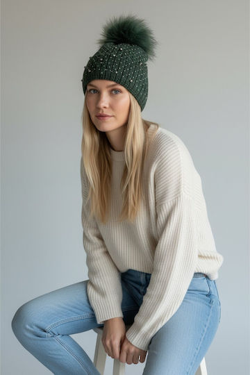 Pom Pom Beanie Beanie Knitted in Khaki color
