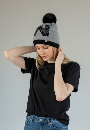 Pom Pom Beanie Beanie Knitted in Gray color