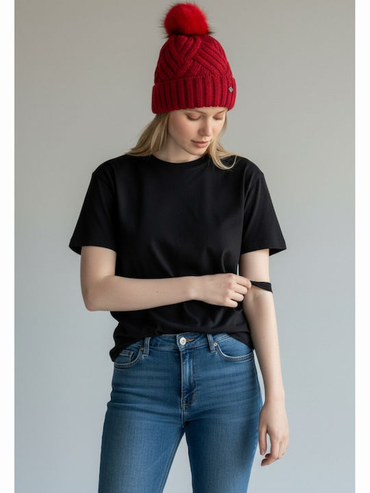 Pom Pom Beanie Γυναικείος Σκούφος Πλεκτός σε Κόκκινο χρώμα