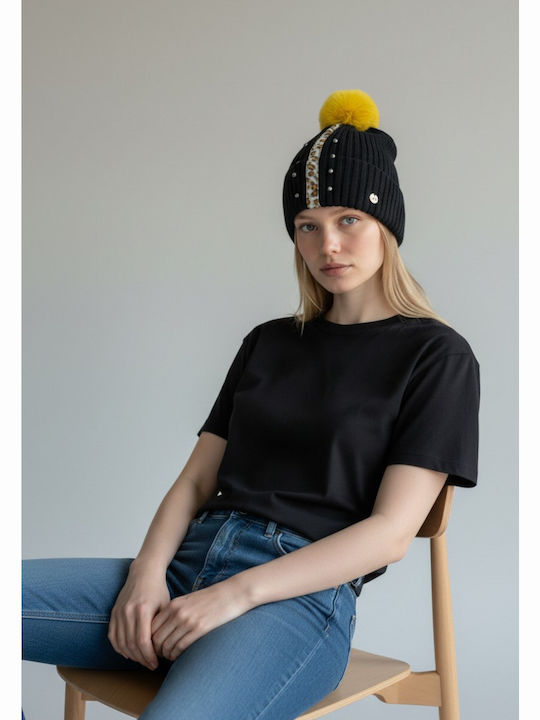 Pom Pom Beanie Γυναικείος Σκούφος Πλεκτός σε Μαύρο χρώμα