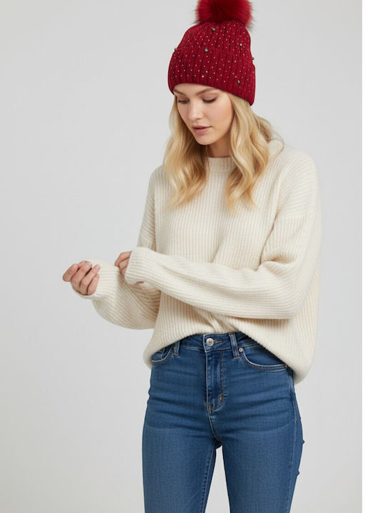 Pom Pom Beanie Beanie Knitted in Red color
