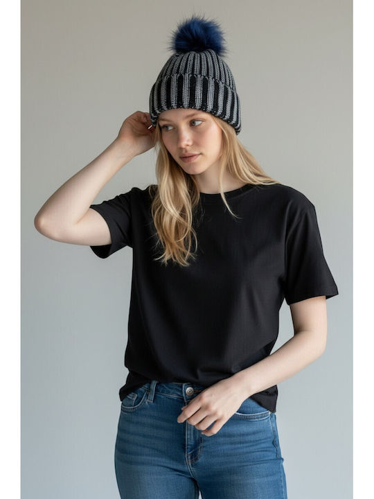 Pom Pom Beanie Γυναικείος Σκούφος Πλεκτός σε Μπλε χρώμα