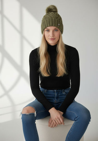Pom Pom Beanie Γυναικείος Σκούφος Πλεκτός σε Χακί χρώμα